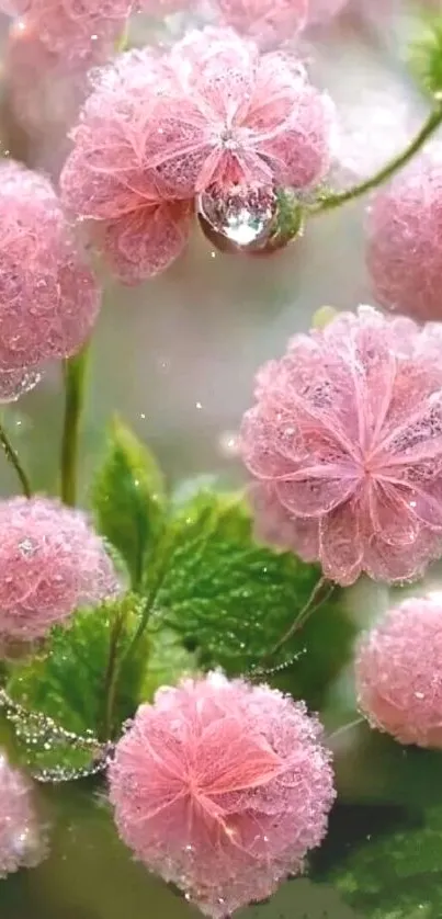 Mobile wallpaper of pink floral bubbles with dew drops, elegant and vibrant.