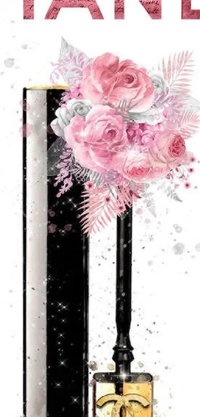 Elegant phone wallpaper with pink Chanel floral arrangement.