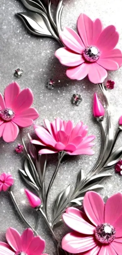 Elegant pink floral design on a gray background with sparkling elements.