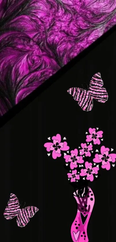 Pink floral and butterfly design on black wallpaper.