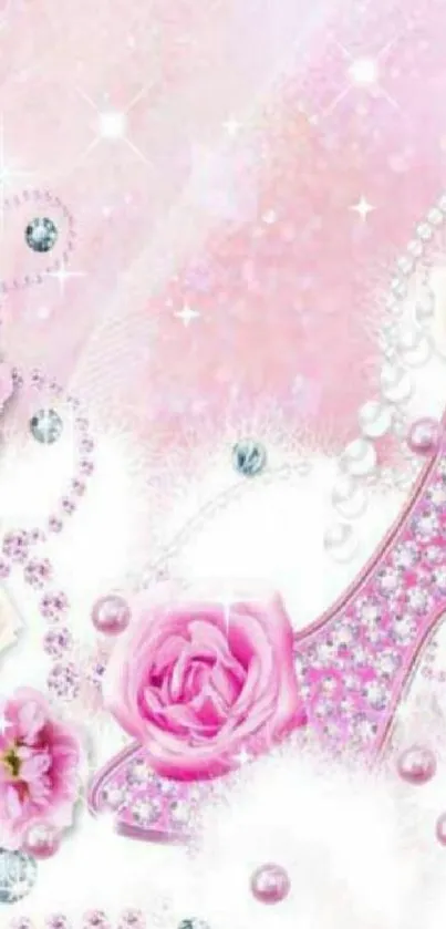 Pink floral fantasy wallpaper with rhinestones and pearls