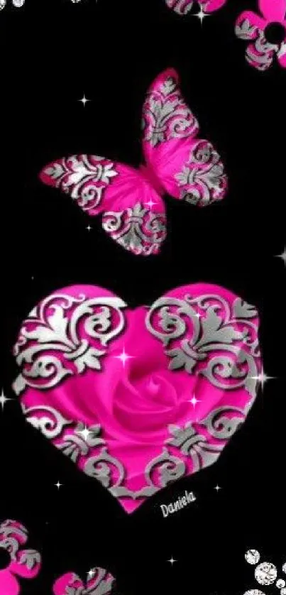 Pink heart and butterfly floral design on black background.