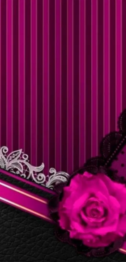Elegant pink wallpaper with floral and lace design featuring a rose accent.