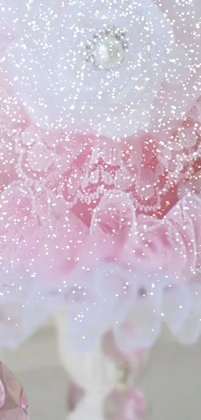 Elegant pink floral wallpaper with sparkling accents and white lace details.