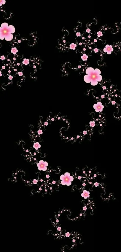 Elegant mobile wallpaper with pink floral swirls on black background.