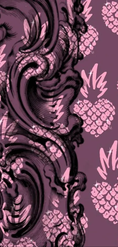 Elegant pink and black floral pattern wallpaper with intricate designs.