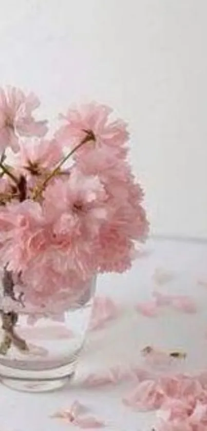 Pink flowers in a vase, delicate and serene wallpaper.