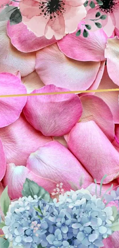 Pink floral wallpaper with rose petals and blossoms.