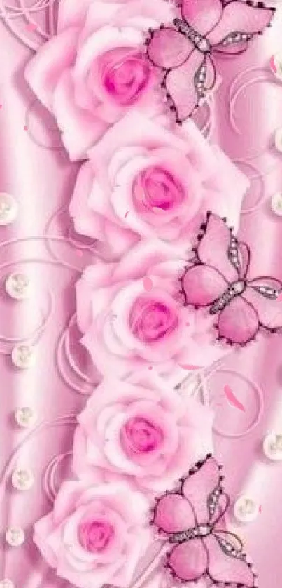 Pink floral wallpaper with roses and butterflies, featuring elegant design.