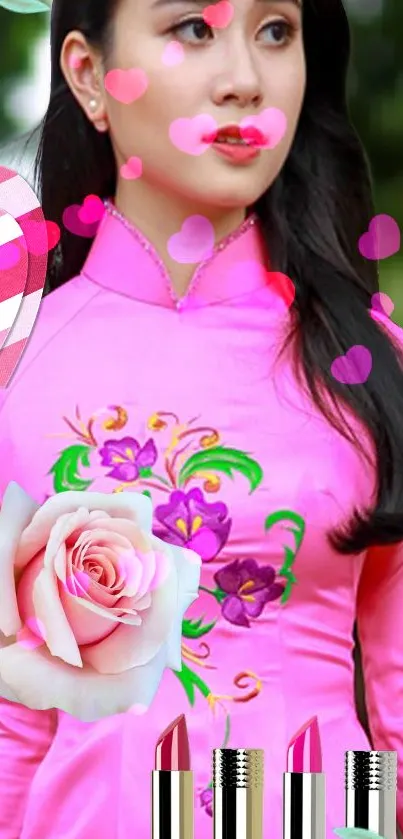 Pink floral wallpaper with roses and heart shapes.