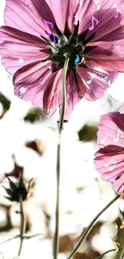 Pink flowers with musical notes on a white background for mobile wallpaper.