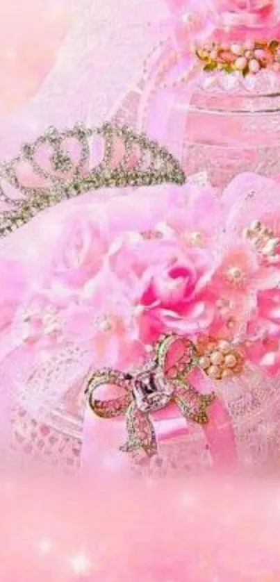 Pink floral wallpaper with tiara and ribbons.