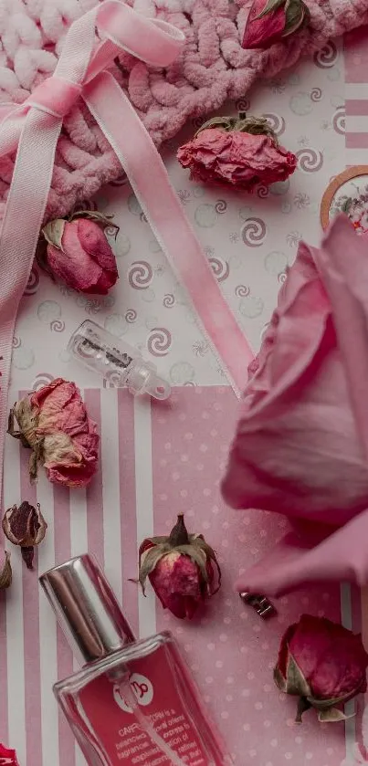 Elegant pink wallpaper with roses and perfume.