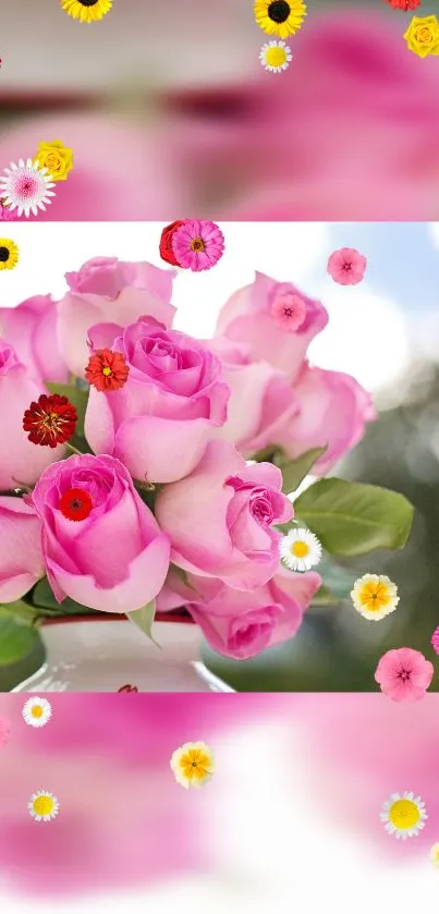 Mobile wallpaper featuring pink roses with scattered colorful blossoms.