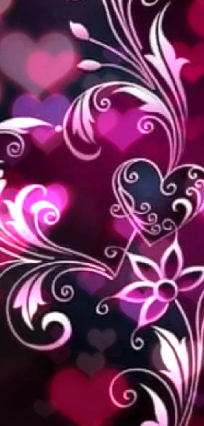Elegant wallpaper with pink floral swirls on dark background.