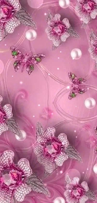 Elegant pink floral wallpaper with butterflies and pearls.