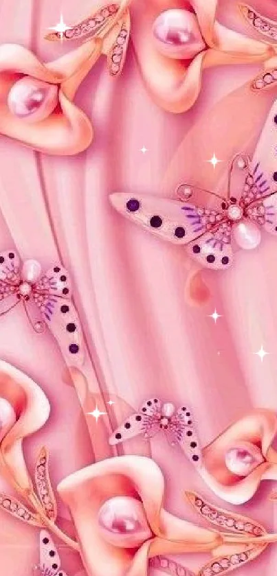 Elegant pink wallpaper with flowers and butterflies.