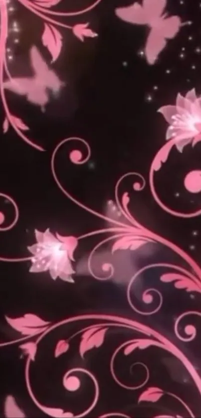 Pink floral wallpaper with butterflies and vines.