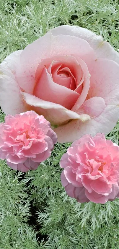 Pink roses on green foliage wallpaper, elegant design.