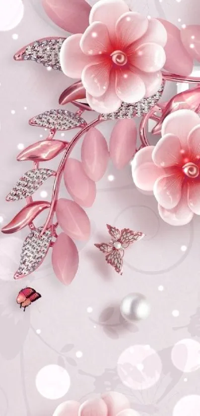 Elegant pink floral wallpaper with delicate flowers and leaves.