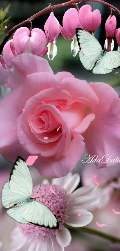 Elegant wallpaper with pink roses and butterflies.