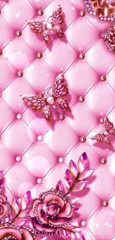 Pink quilted wallpaper with floral and butterfly design.