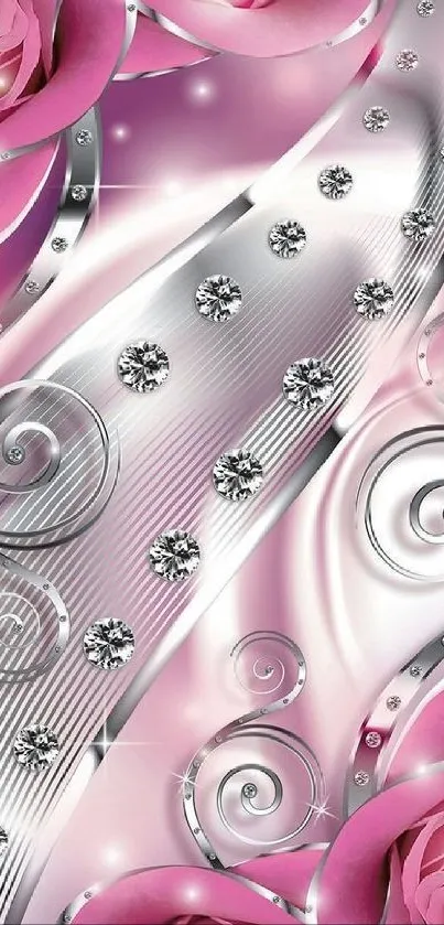 Elegant pink floral wallpaper with diamonds and roses.