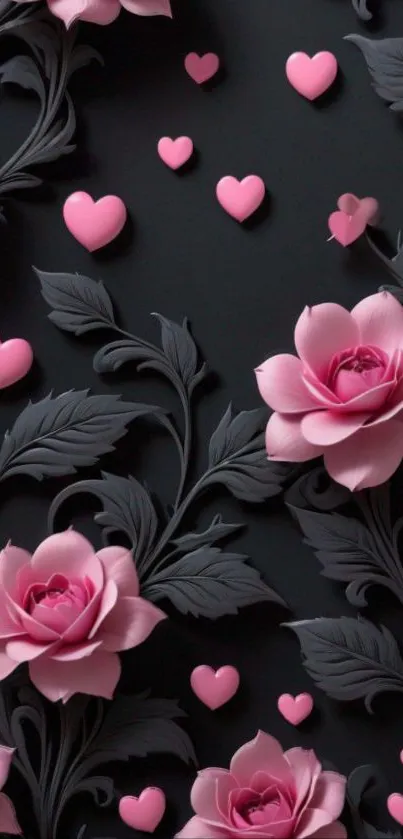 3D dark wallpaper with pink roses and hearts.