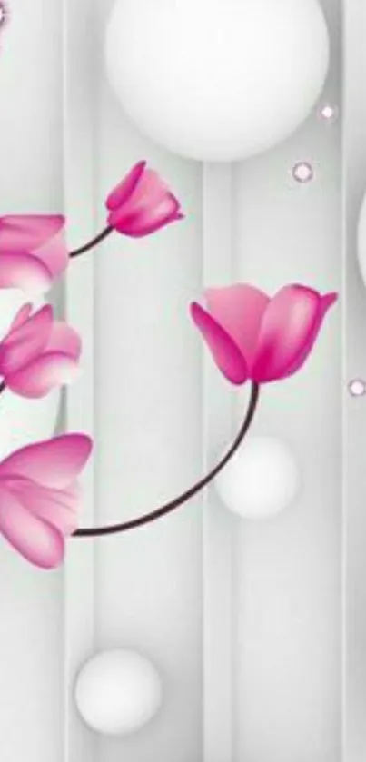 Elegant pink floral wallpaper with spheres.