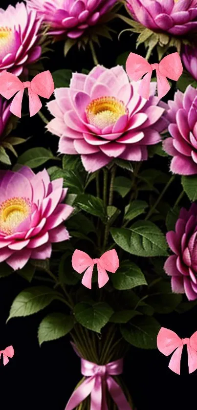 Pink flowers with green leaves and bows on black background.