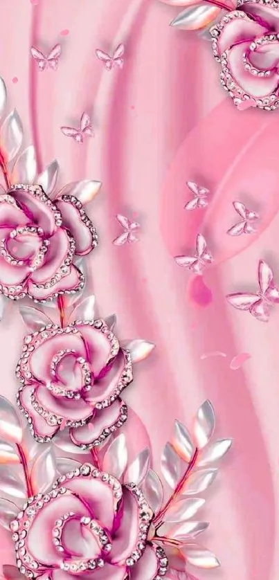 Elegant pink floral wallpaper with roses and butterflies.