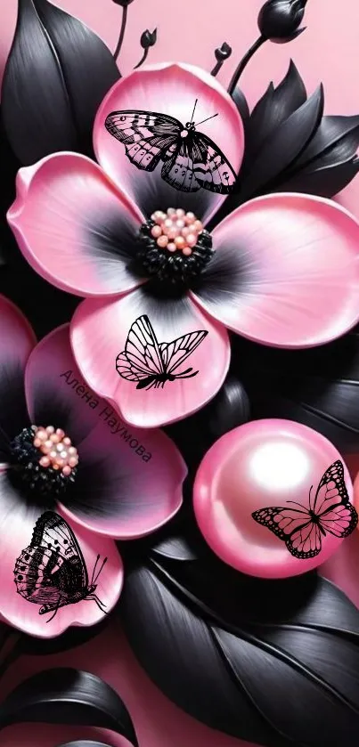 Pink and black floral wallpaper with butterflies and pearls