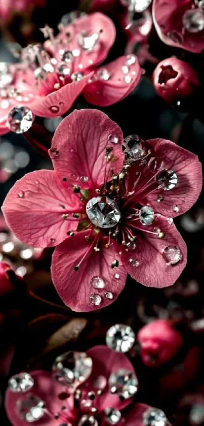 Pink blossom with sparkling droplets on dark background.