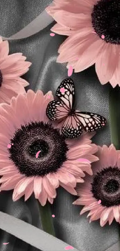 Elegant pink flower wallpaper with butterflies.