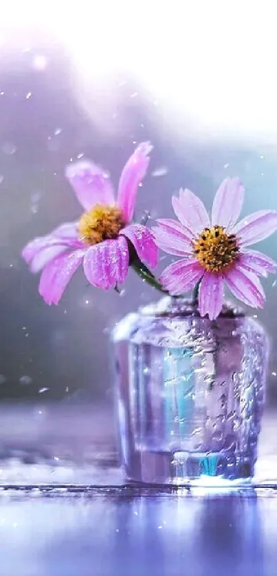 Pink flowers in a glass vase against a blurred purple background.