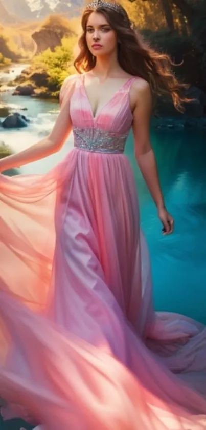 Woman in flowing pink gown by a tranquil river under sunlight.