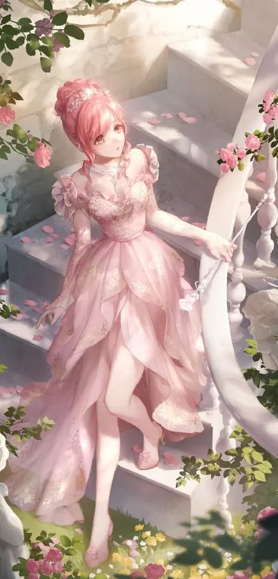 Elegant pink gown in a serene garden scene wallpaper.