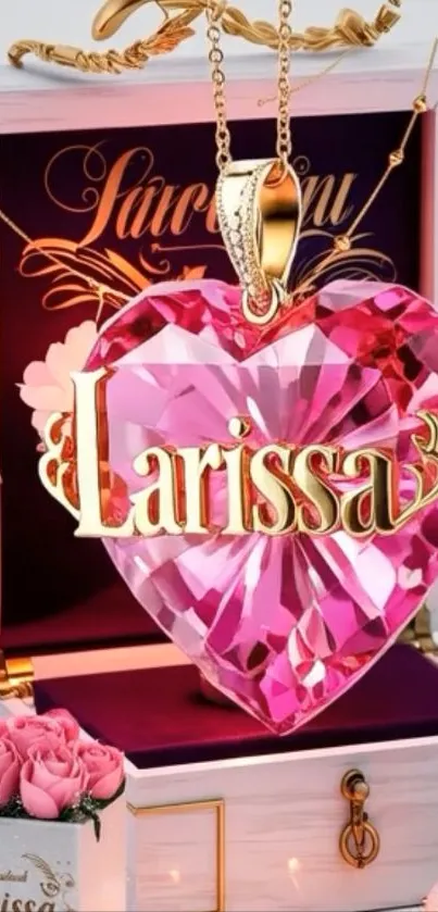 Elegant pink heart gem pendant with roses.