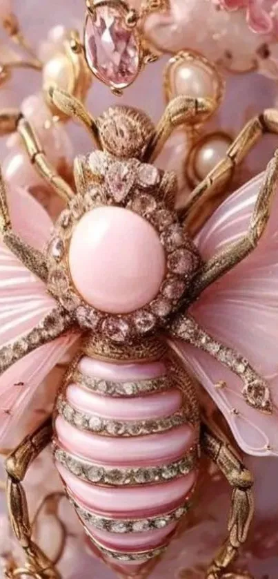 Intricate pink gemstone insect design on wallpaper.