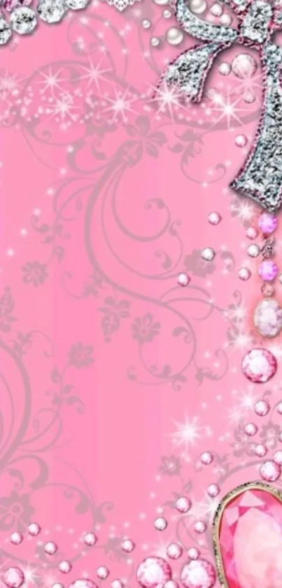 Pink wallpaper with gemstones and floral designs, featuring a silver bow.