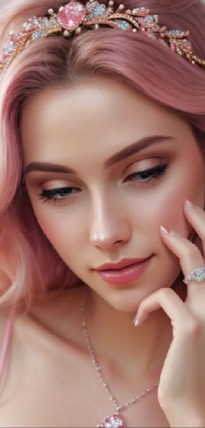 Elegant pink hair woman portrait with jewels.