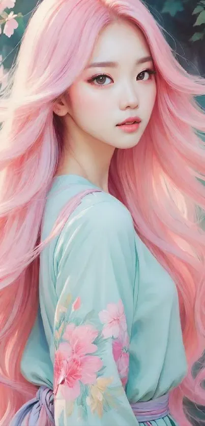 Anime character with flowing pink hair in a traditional dress.