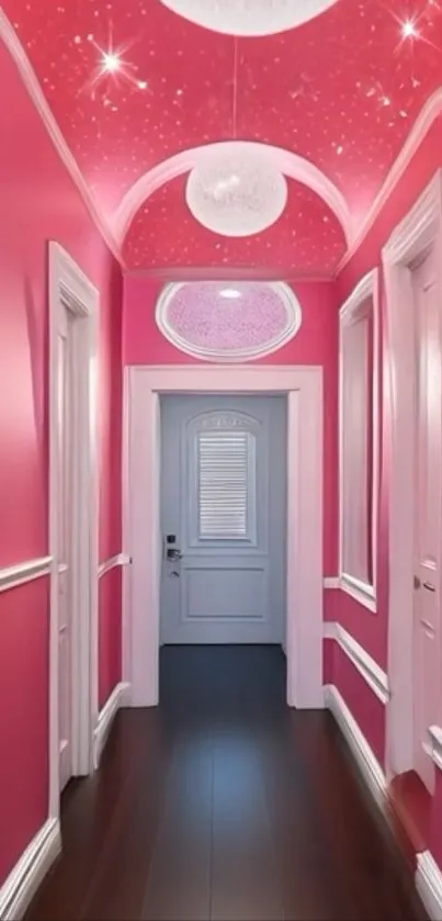 Vibrant pink hallway interior design wallpaper.