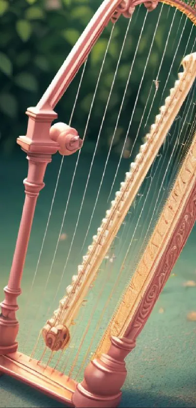 Elegant pink harp against a green leafy backdrop.