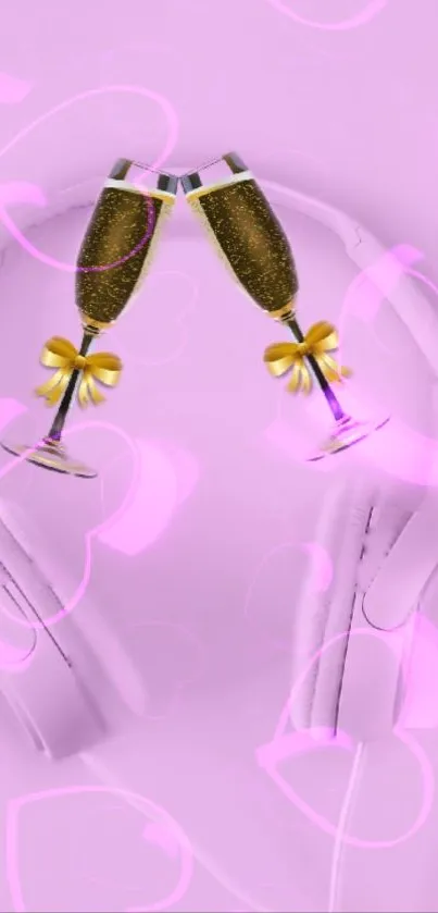 Pink wallpaper with headphones and champagne glasses.