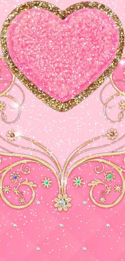 Luxurious pink heart mobile wallpaper with gold accents.