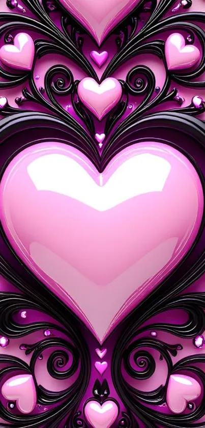 Elegant pink heart with black swirls wallpaper.