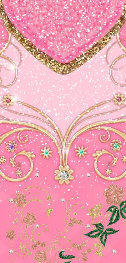 Elegant pink heart with gold details and floral patterns.