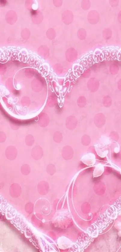 Elegant pink wallpaper with lace heart design.