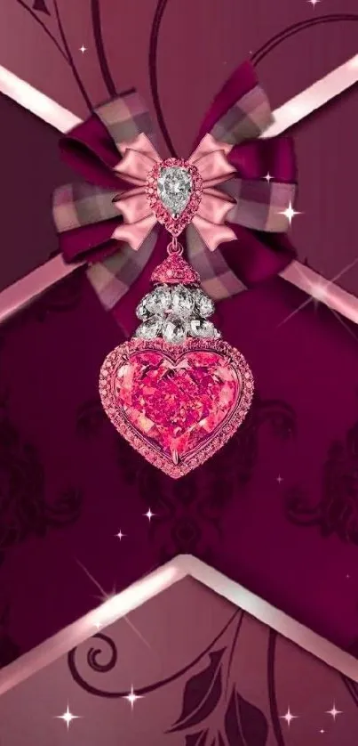 Elegant pink heart jewel wallpaper with rich ribbon design.